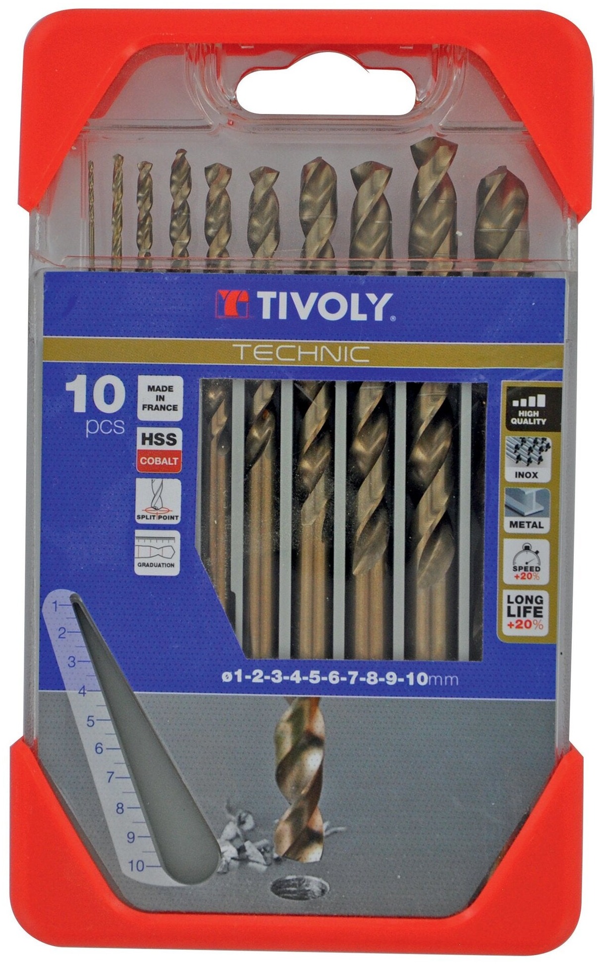 Tivoly 10 forets métaux HSS-E5 cobalt 5% gradués SLR Ø 1 à 10 mm