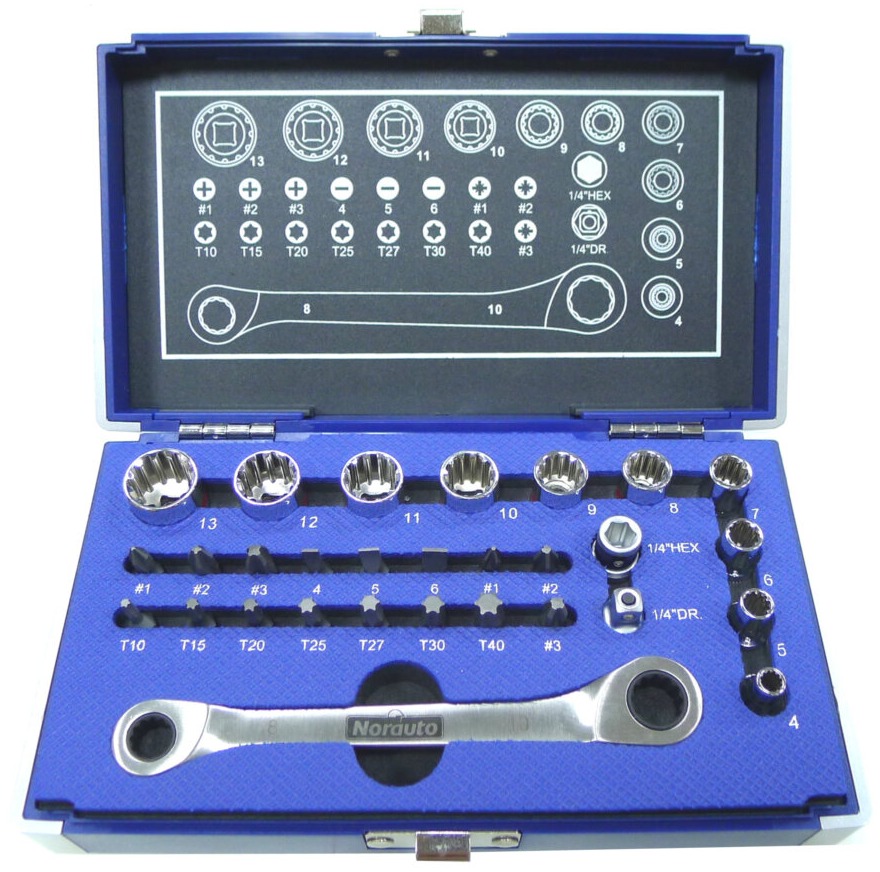 Coffret clé à cliquet carré 1/4" + 10 douilles 12 pans 4-13 mm + embouts Norauto
