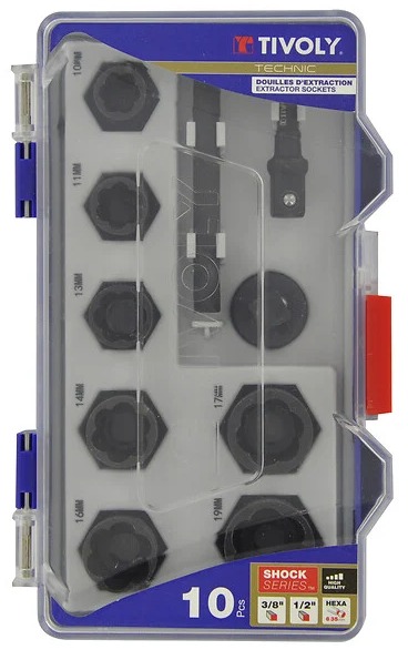 Coffret douilles d'extraction Tivoly 3/8 10 pièces Ø10 à 19 mm
